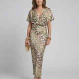 Coralie | Midikleid mit abstraktem Print, V-Ausschnitt und Twist-Detail