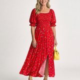 Delphine | Geblümtes Midikleid mit Karree-Ausschnitt und Puffärmeln