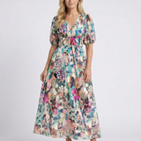 Eulalie | Midikleid mit V-Ausschnitt, kurzem Arm und gerafftem Bund