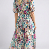Eulalie | Midikleid mit V-Ausschnitt, kurzem Arm und gerafftem Bund
