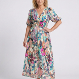 Eulalie | Midikleid mit V-Ausschnitt, kurzem Arm und gerafftem Bund