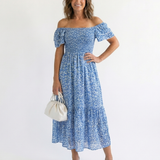 Odette | Schulterfreies Midikleid mit Blumendruck
