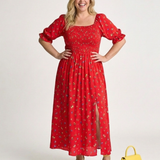 Delphine | Geblümtes Midikleid mit Karree-Ausschnitt und Puffärmeln