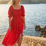 Delphine | Geblümtes Midikleid mit Karree-Ausschnitt und Puffärmeln