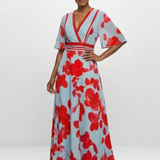 Corinne | Geblümtes Maxikleid mit V-Ausschnitt und kurzem Arm