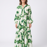 Sabine | Stufen-Maxikleid mit langem Arm und Bindegürtel