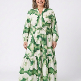 Sabine | Stufen-Maxikleid mit langem Arm und Bindegürtel