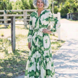 Sabine | Stufen-Maxikleid mit langem Arm und Bindegürtel