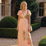 Calista | Geblümtes Plissee-Maxikleid mit V-Ausschnitt und kurzem Arm